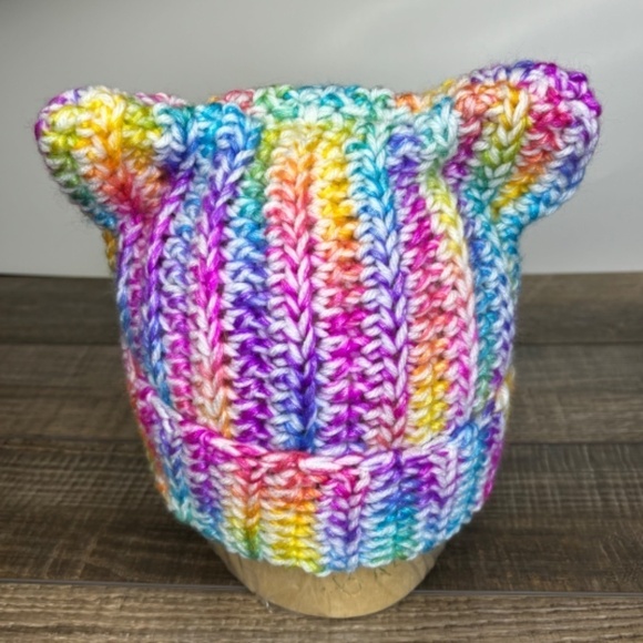 Handcrafted Crochet Winter Hat Rainbow Ice Yarn White Big Twist Cat Ear Ribbed - Picture 5 of 14